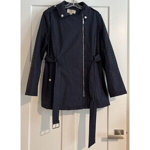 Michael Kors Quilted Jacket Womens Large Blue Belted Asymmetric Zip Long Sleeve